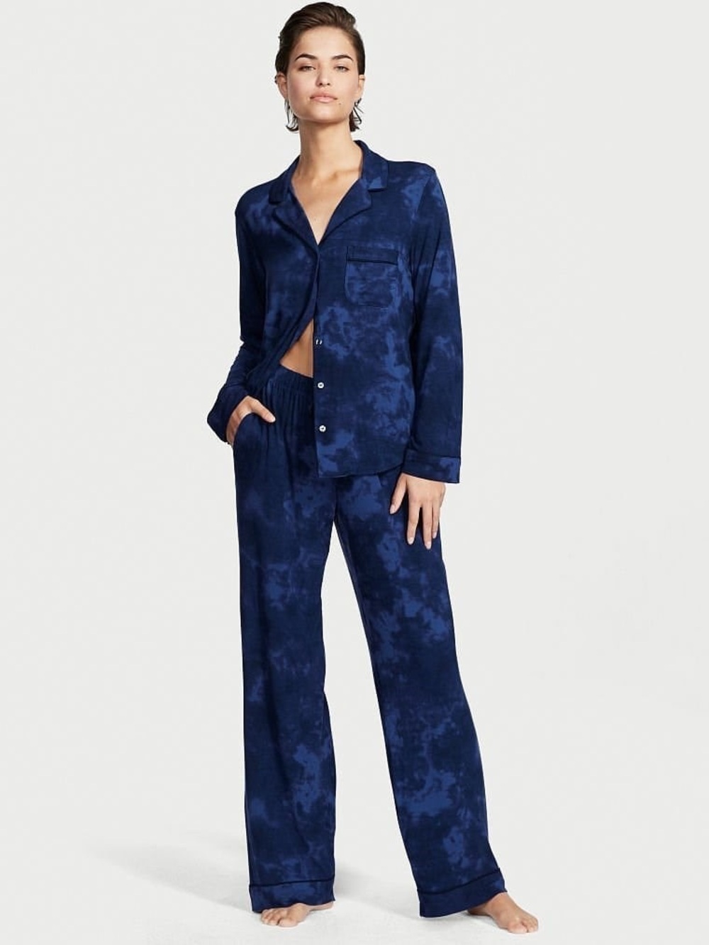 Victoria's Secret Navy Tie-Dye Satin Pajama Set - Button-Up Top & Pants